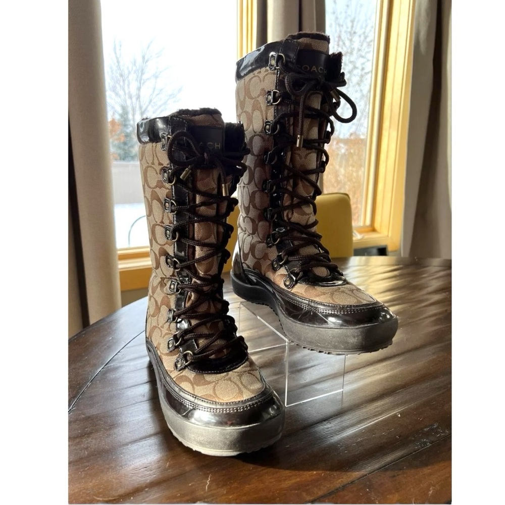 Coach Peggy Khaki and Brown Patent Leather Trim Boots/Shoes Size 8 Worn Once - Picture 2 of 11